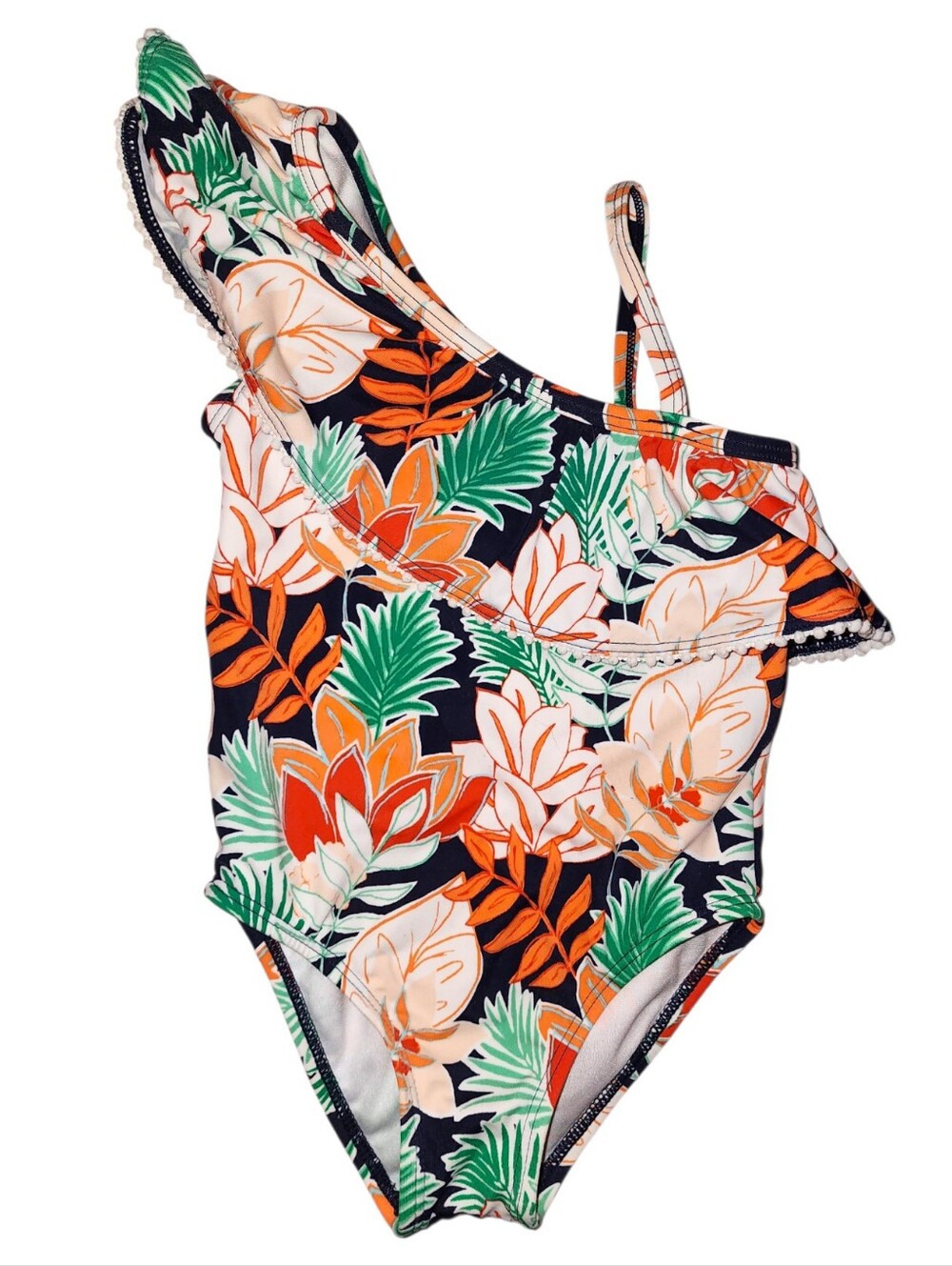 Janie And Jack Tropical One-Shoulder Girls' Swimsuit in Navy, Orange & Green - 3